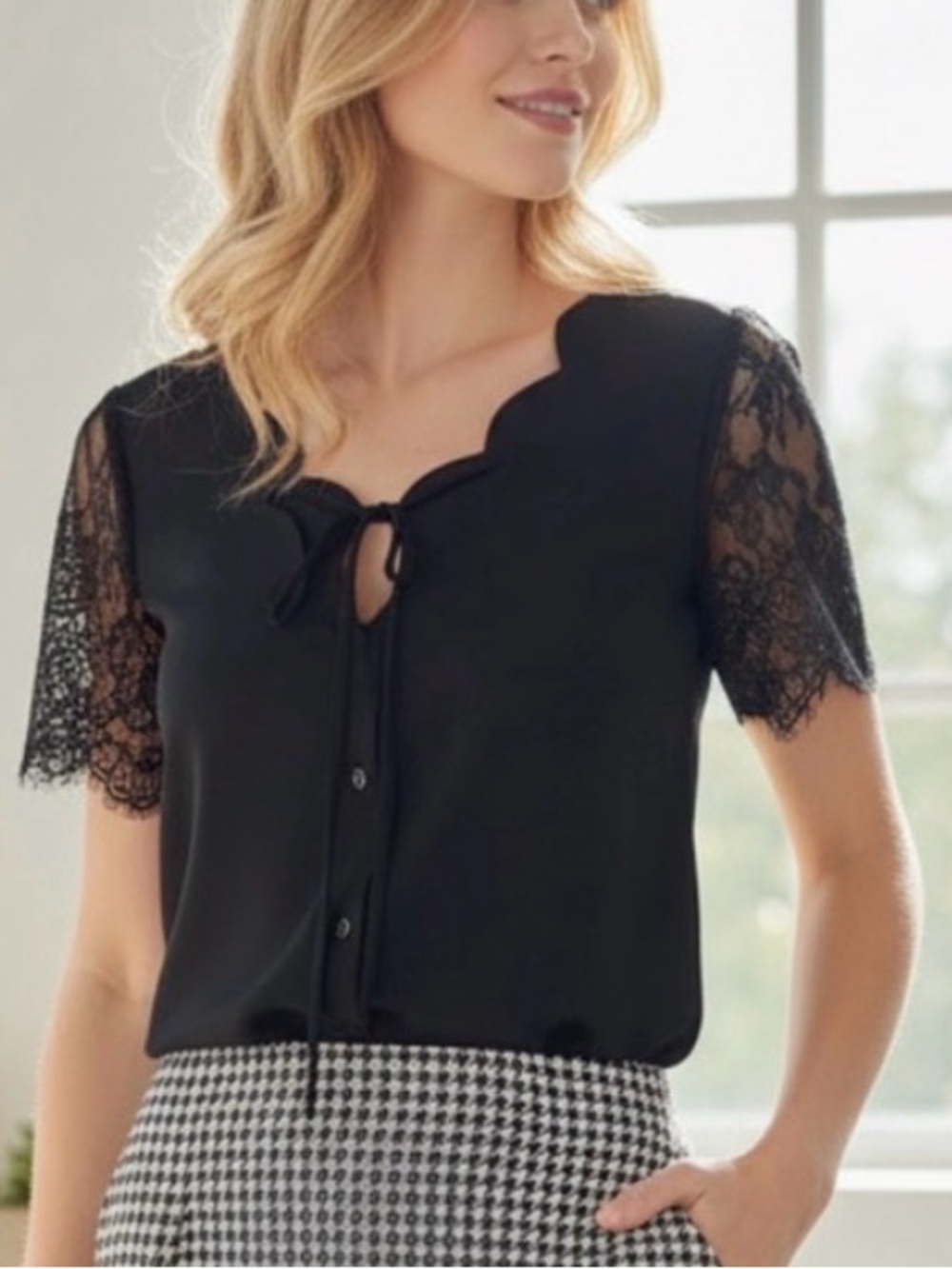 SHEIN Pull On BLK Blouse Lace Sleeves Scalloped Raw Edge Collar Line/Tie VIDEO
